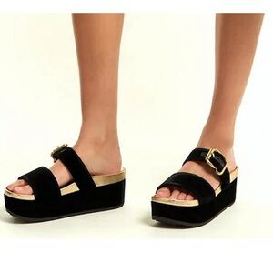 Prada Navy Blue and Tan Platform Sandals